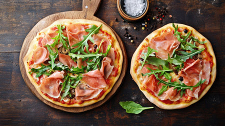 Traditional pizza prosciutto with arugula, baked to perfection in a fiery wood-fired brick oven, captured in a cozy rustic kitchen.の素材