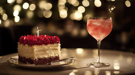Valentine's table setting featuring a red rose cake with cream frosting, paired with a rose-flavored cocktail and soft, romantic lighting.の素材
