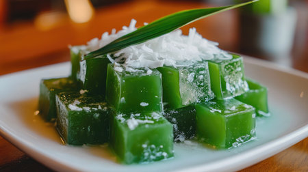 Vibrant green pandan jelly cubes with coconut shavings and nata de coco, served in a white dish with pandan leaves as garnish.の素材