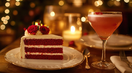 Valentine's table setting featuring a red rose cake with cream frosting, paired with a rose-flavored cocktail and soft, romantic lighting.の素材