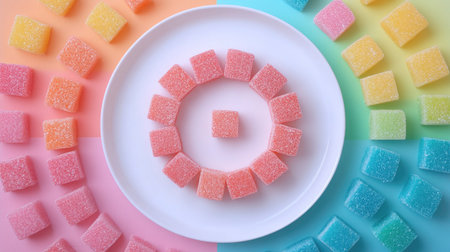 Vibrant pastel Aalaw candy pieces arranged in a circle on a white dish, traditional Thai dessert with delicate textures.の素材