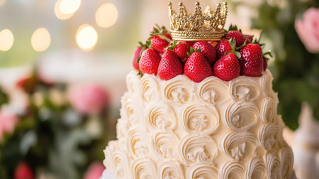 Wedding-style strawberry cream cake with vanilla frosting, finished with an ornate crown decoration.の素材