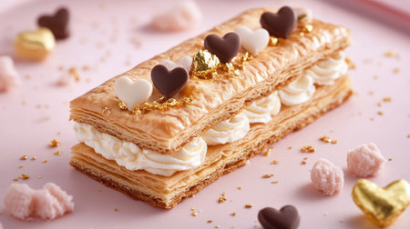 A luxurious Mille Feuille topped with piped vanilla cream, delicate heart-shaped chocolate pieces, and edible gold flakes on a soft pink background.の素材