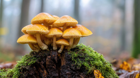 A cluster of honey mushrooms emerging from a decayed stump covered in thick moss, with a misty woodland background.の素材