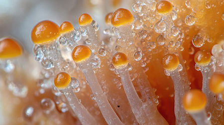 A breathtaking close-up of Mycena inclinata mushrooms with glistening caps, fresh from recent rain.の素材