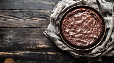 Warm, homemade chocolate brownie cake in a round tin, straight from the oven, cooling on a rustic wooden table, top-down perspective.の素材