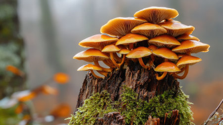 A cluster of honey mushrooms emerging from a decayed stump covered in thick moss, with a misty woodland background.の素材