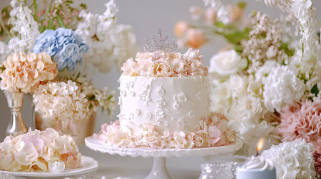 Whimsical birthday celebration featuring a white cake with pastel floral decorations and a beautiful tiara.の素材