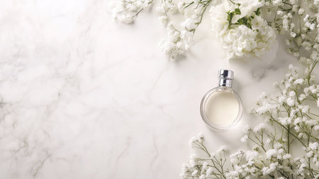 A high-end fragrance bottle resting on a light marble surface, styled with soft floral arrangements in pastel tones.の素材