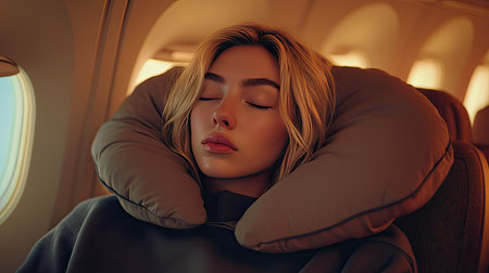 Young blonde woman wearing a casual hoodie napping with a travel pillow around her neck, seated on an airplane in a dimly lit cabin.の素材
