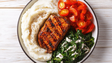 A hearty plate of spicy grilled pork steak, creamy mashed potatoes, and a fresh spinach tomato salad, artfully arranged on a white wooden table.の素材