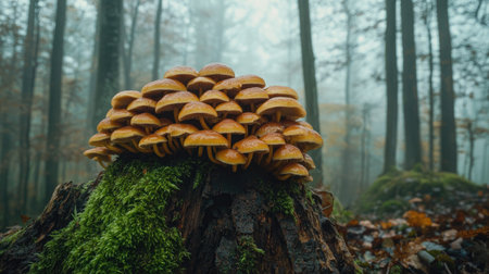 A cluster of honey mushrooms emerging from a decayed stump covered in thick moss, with a misty woodland background.の素材