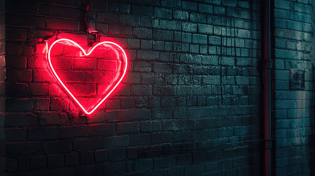A heart-shaped neon sign glowing against a dark brick wall, modern and trendy aesthetic.の素材
