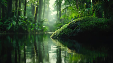 A close-up of moss thriving on damp rocks, reflecting the lush greenery of a tropical jungle landscape.の素材