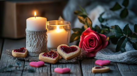 A heartwarming Valentine's Day scene with homemade jam-filled heart cookies, fresh roses, and a soft glowing candle.の素材