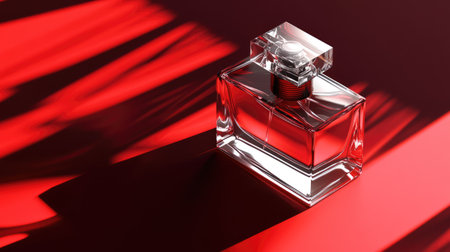 A high-end perfume ad concept with a crystal-clear fragrance bottle, soft ribbon, and elegant daylight shadows on a deep red background.の素材