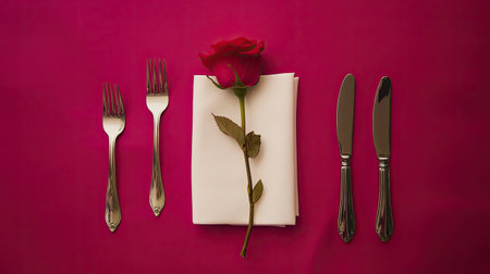 A luxurious fine dining setup with a folded white napkin, silverware, and a fresh red rose placed on a magenta tablecloth, pink pastel setting.の素材