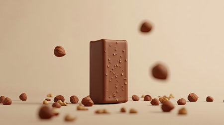 A luxurious milk chocolate bar with hazelnuts on a neutral beige backdrop, soft lighting, and copy space.の素材