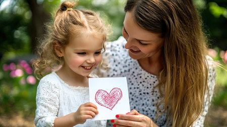 A little girl giving her mom a handmade Valentine's Day card, happy and warm expressions.の素材