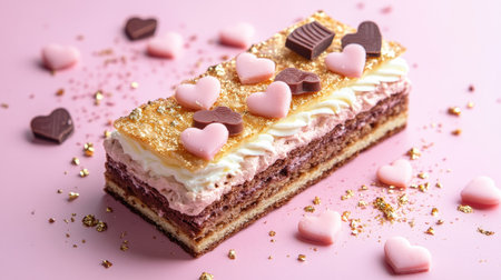 A luxurious Mille Feuille topped with piped vanilla cream, delicate heart-shaped chocolate pieces, and edible gold flakes on a soft pink background.の素材