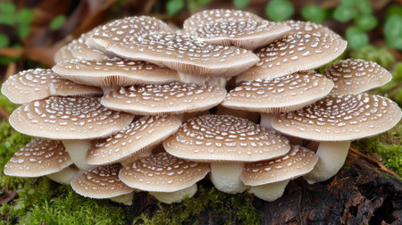 A high-definition woodland close-up of Mycena inclinata mushrooms thriving on a mossy, decaying log in a shaded forest.の素材