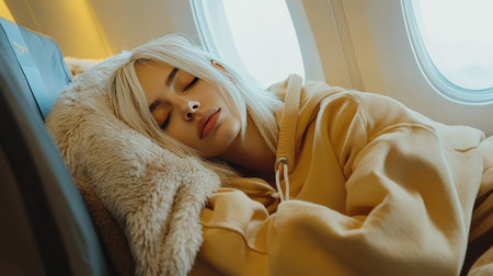 Peaceful blonde woman dozing off on an airplane seat with a blanket covering her legs, wearing a comfy hoodie during the journey.の素材
