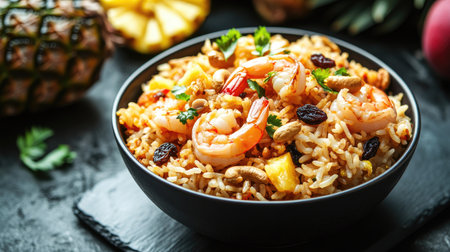 A bowl of Thai pineapple fried rice with shrimp, cashews, and raisins, presented on a dark slate plate with tropical fruit in the backgroundの素材