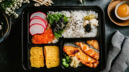 A Japanese bento box with neatly arranged rice, mentaiko, tamagoyaki, pickled radish, and grilled fish, presented with aesthetic balanceの素材