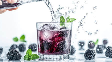 A hand pouring cold detox water with blackberries and mint into a glass, with ice cubes splashing, against a bright white backgroundの素材