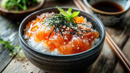 A bowl of hot steamed rice topped with glistening mentaiko, garnished with shredded nori and sesame seeds, with chopsticks resting nearbyの素材