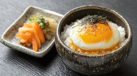 A soft-boiled egg gently cracked over warm rice, yolk dripping down slowly, accompanied by a small plate of pickled vegetablesの素材