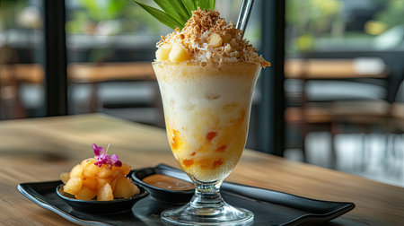 A chilled glass of Thai dessert with melon, jackfruit, and shaved ice, drizzled with coconut milk and garnished with pandanの素材