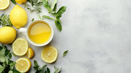 A cup of herbal tea with lemon slices and a teapot, styled in a top-down aesthetic on a textured grey surface, leaving ample copy space.の素材
