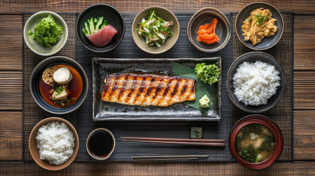 A top-down view of a traditional Japanese meal with mentaiko, grilled fish, rice, and miso soup, arranged on a tatami matの素材