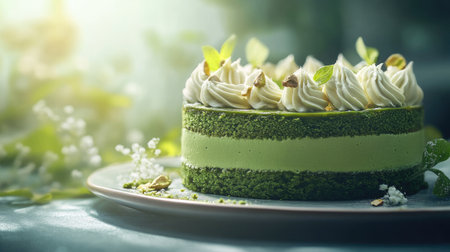 Aesthetic green tea matcha and pistachio mousse cake with a smooth surface, natural sunlight creating depth through hard-edged shadowsの素材