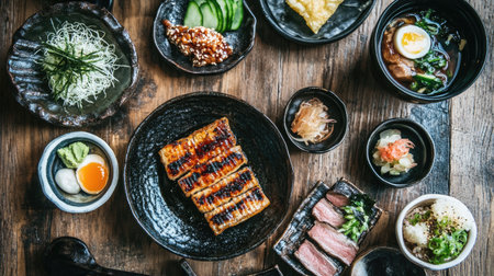 A top-down view of a Japanese izakaya meal featuring grilled karashi mentaiko, sake, and small side dishes on a wooden tableの素材
