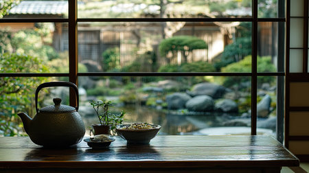 Cozy home breakfast setup featuring tamago kake gohan, a teapot, and a Japanese garden view through a shoji screenの素材