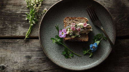 Classic Scandinavian sandwich with buttered rye bread, pickled herring, and mustard sauce, elegantly served with fresh herbsの素材