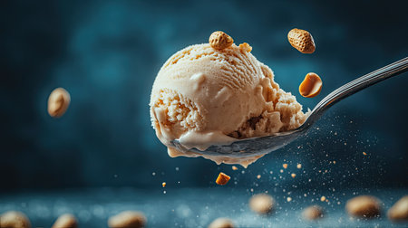 A spoon lifting a bite of creamy coconut milk ice cream, with roasted peanuts falling slightly, capturing the texture and richnessの素材