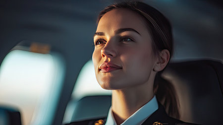 Professional flight attendant listening attentively to a passenger's question, maintaining a polite and approachable demeanor mid-flight.の素材