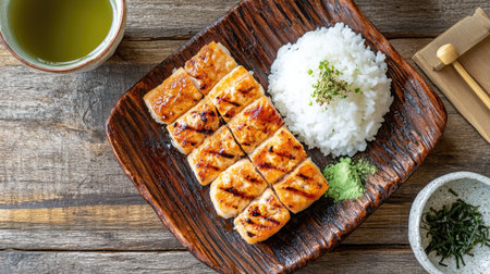 A serving of grilled karashi mentaiko on a rustic wooden plate, paired with steamed rice and a cup of hot green teaの素材