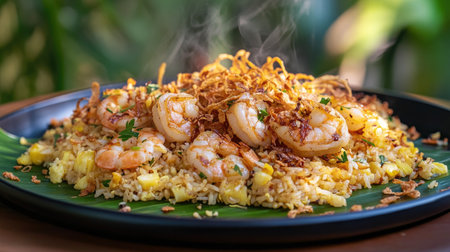 A steaming hot plate of pineapple fried rice with shrimp, garnished with crispy shallots and fresh herbs, served on a banana leafの素材