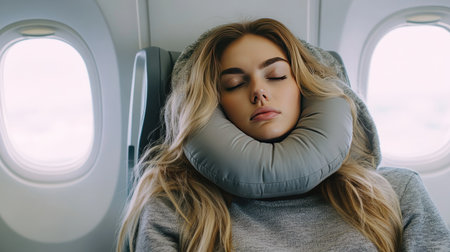 Tired blonde woman in sporty clothes using a neck pillow to nap while flying, with her hoodie pulled up for extra comfort.の素材