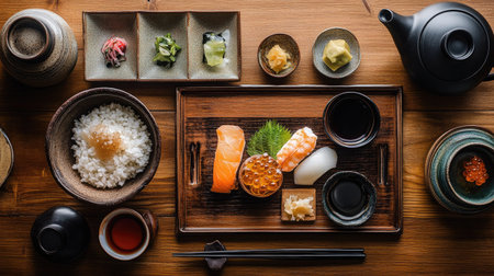 Elegant Japanese breakfast presentation with tamago kake gohan, neatly arranged side dishes, and a ceramic teapot in a tatami settingの素材