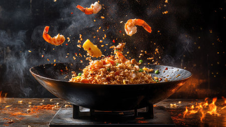 A wok tossing shrimp fried rice with pineapple, with ingredients flying mid-air, capturing the dynamic cooking processの素材