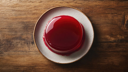 A delicious panna cotta dessert with a thick strawberry jelly layer, elegantly served on a rustic wooden table, top-down view.の素材