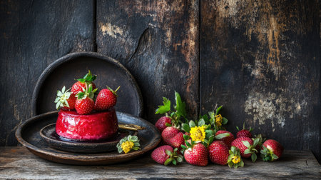A creamy and light panna cotta with a rich strawberry jelly topping, served with fresh strawberries on a rustic wooden background.の素材