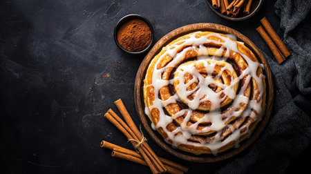A fresh cinnamon roll drizzled with icing, placed beside cinnamon sticks and ground cinnamon in a small bowl, top-down view.の素材