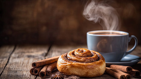 Aesthetic food composition featuring cinnamon sticks, a cinnamon roll, and a steaming cup of chai tea on a rustic wooden background.の素材
