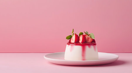 A creamy panna cotta topped with strawberry coulis, placed on a minimalist plate with room for text on a soft pastel background.の素材